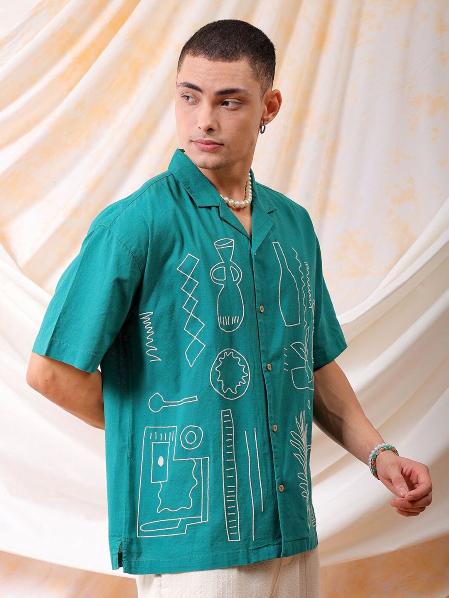 Men Relaxed Fit Embroidery Cuban Collar Resort Shirt