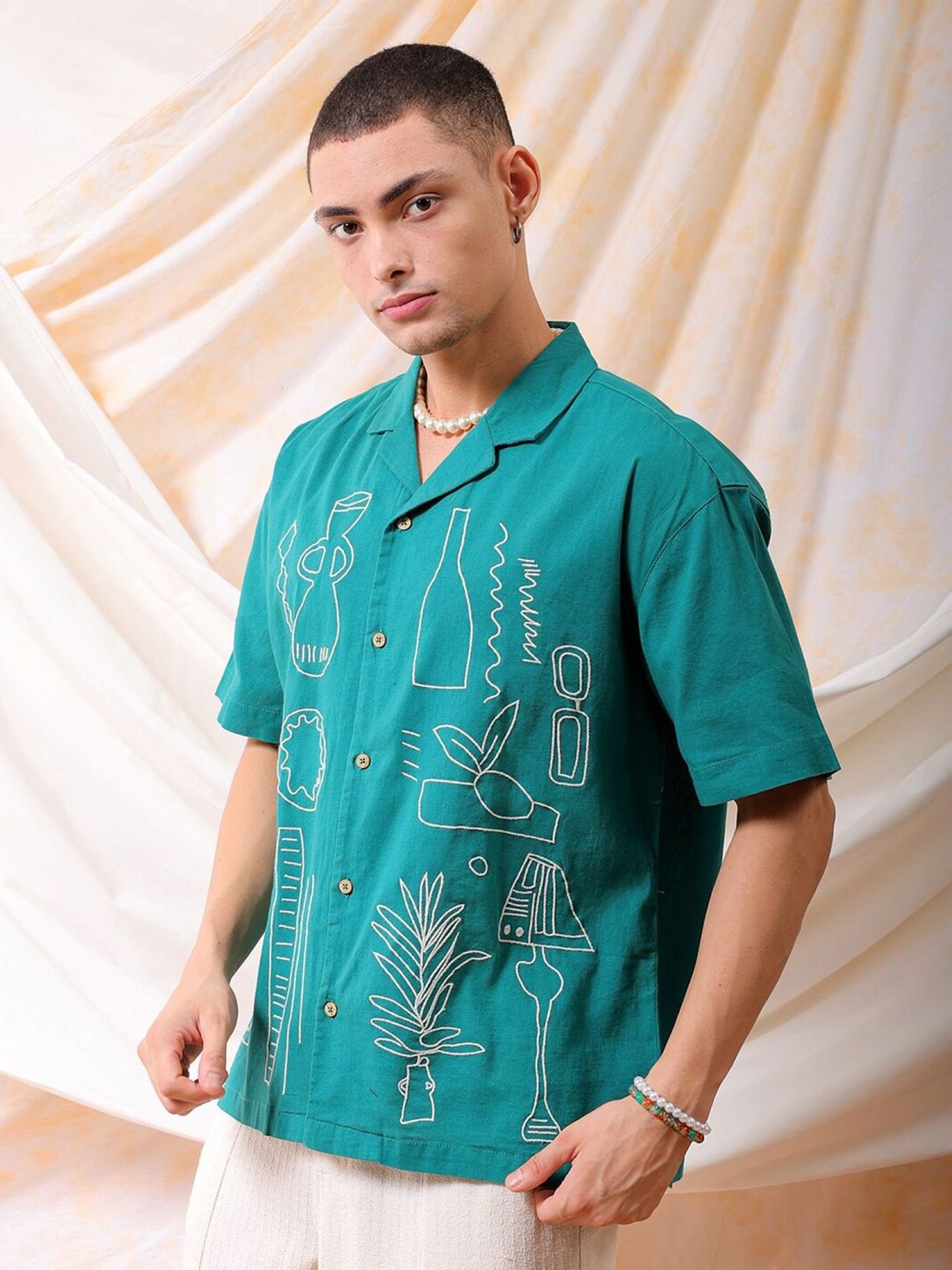 Men Relaxed Fit Embroidery Cuban Collar Resort Shirt