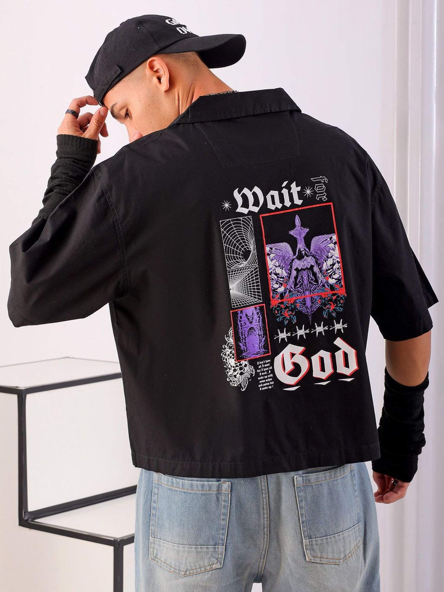 Men Boxy Graphic Cuban Collar Street Cropped Shirt