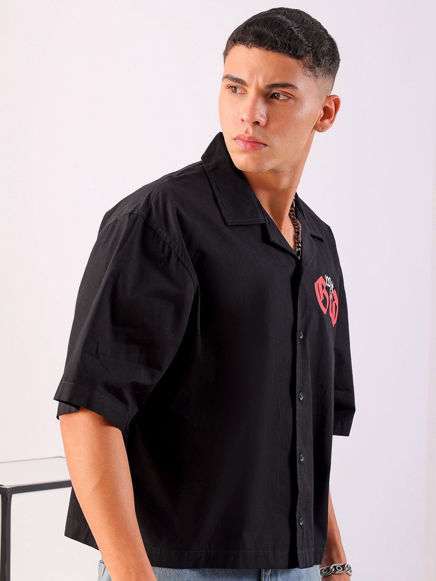 Men Boxy Graphic Cuban Collar Street Cropped Shirt
