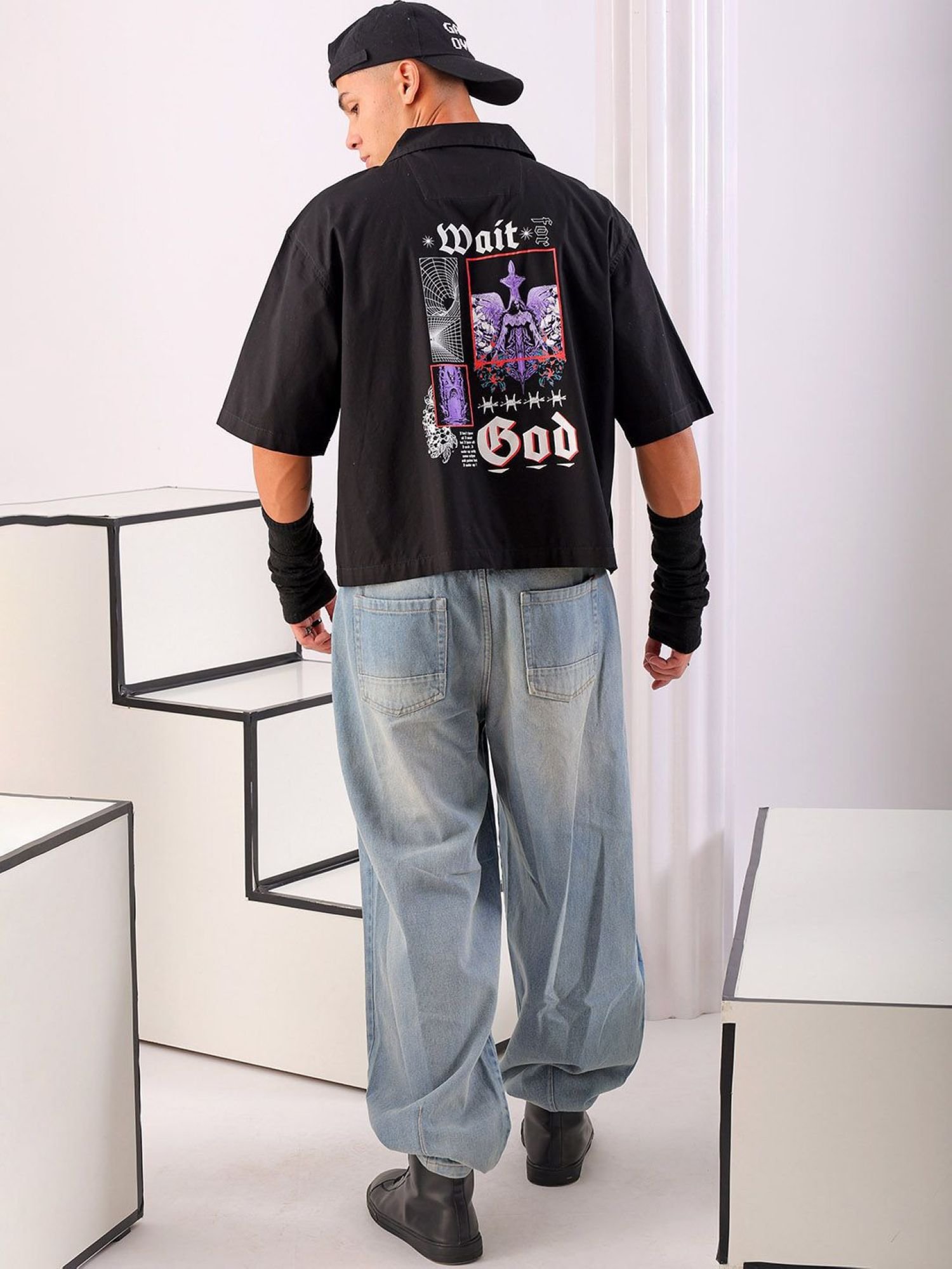 Men Boxy Graphic Cuban Collar Street Cropped Shirt