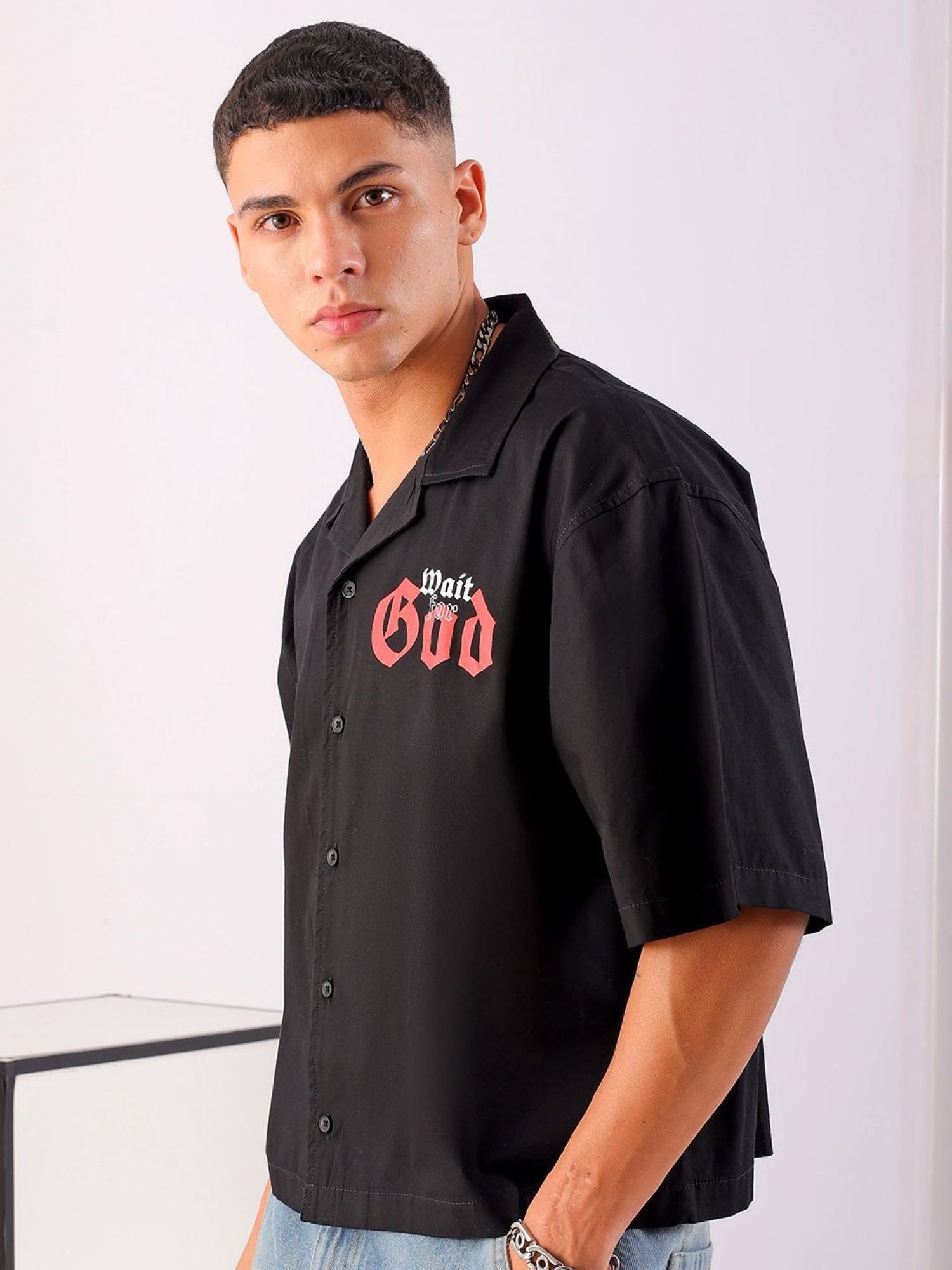Men Boxy Graphic Cuban Collar Street Cropped Shirt