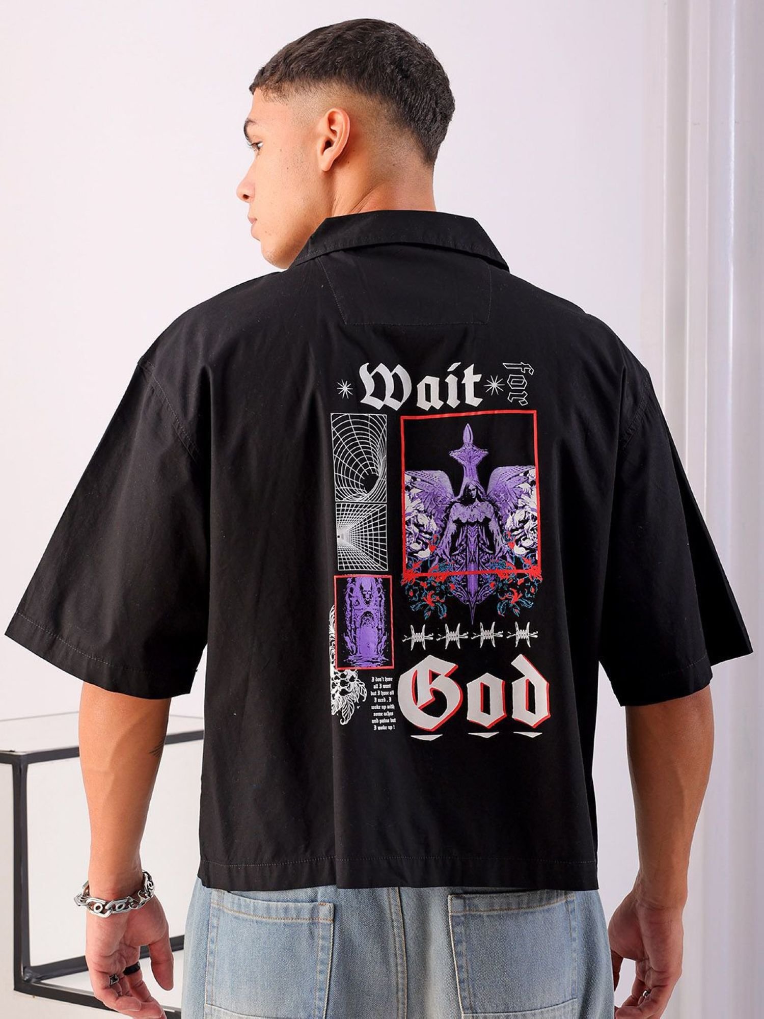 Men Boxy Graphic Cuban Collar Street Cropped Shirt