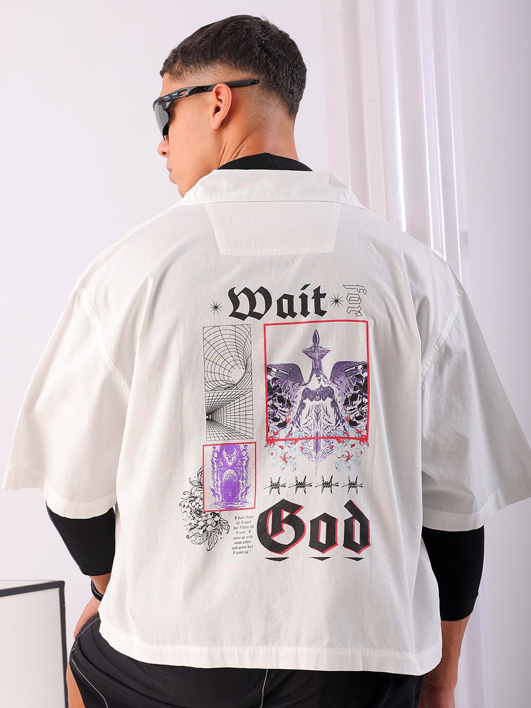 Men Boxy Graphic Cuban Collar Street Cropped Shirt