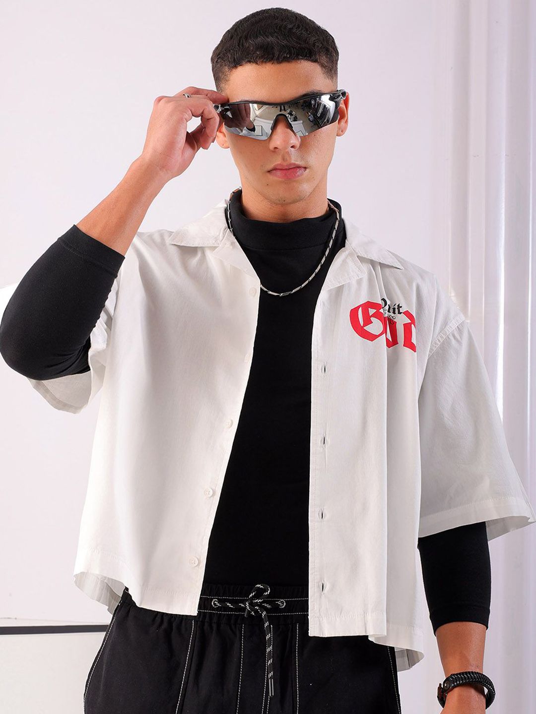 Men Boxy Graphic Cuban Collar Street Cropped Shirt