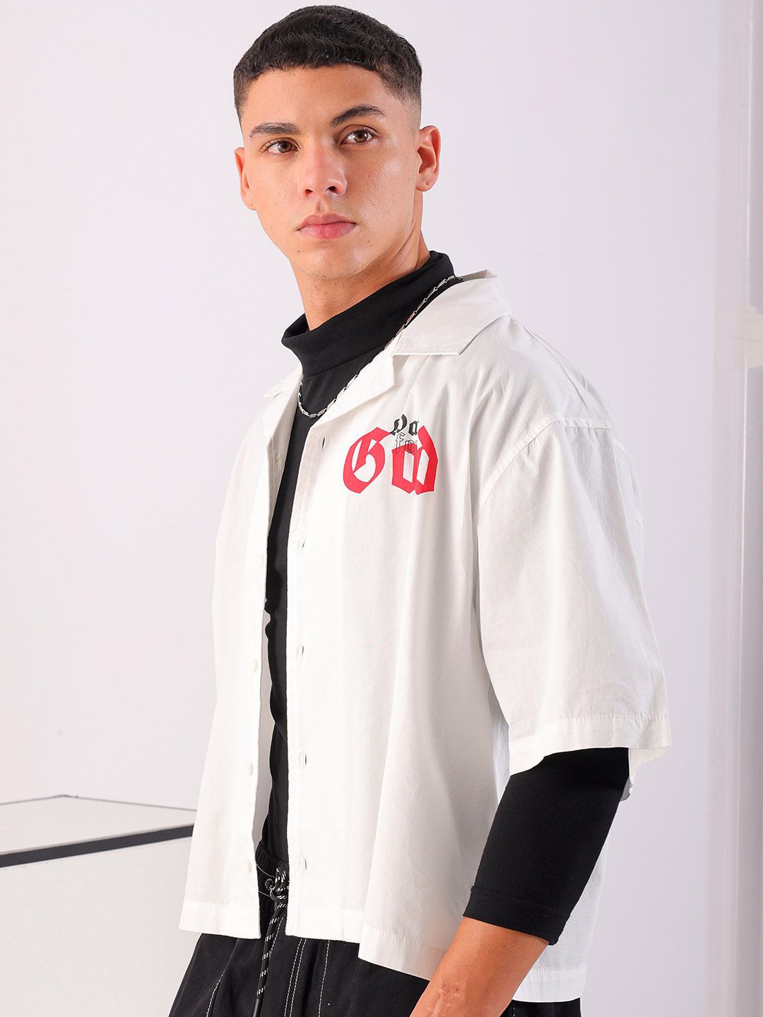 Men Boxy Graphic Cuban Collar Street Cropped Shirt