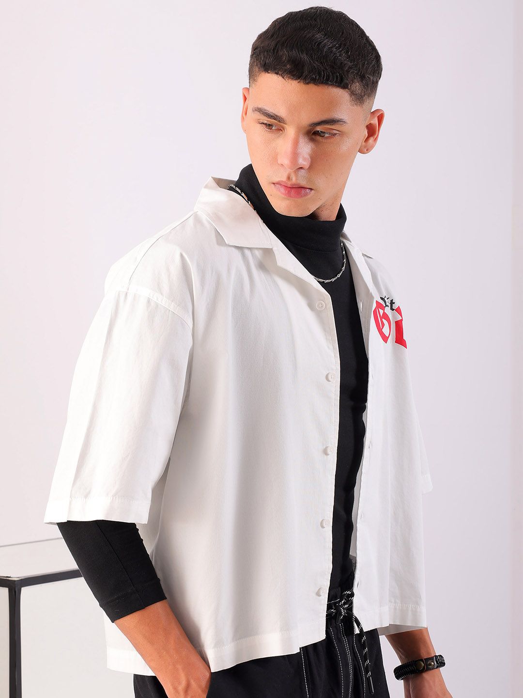 Men Boxy Graphic Cuban Collar Street Cropped Shirt