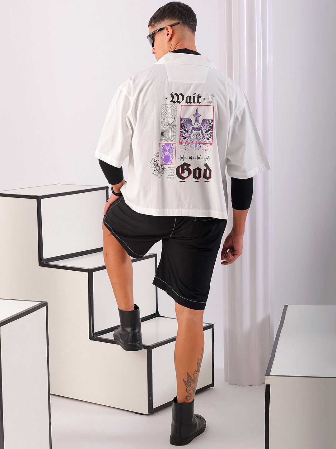 Men Boxy Graphic Cuban Collar Street Cropped Shirt