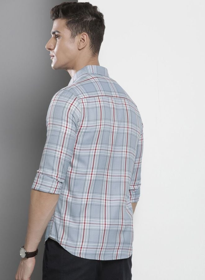 Men Regular Fit Checked Cutaway Collar Casual Shirt