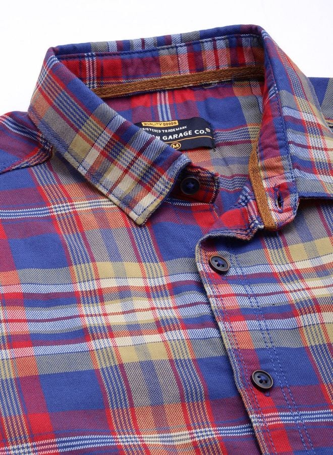 Men Slim Fit Checked Spread Collar Casual Shirt