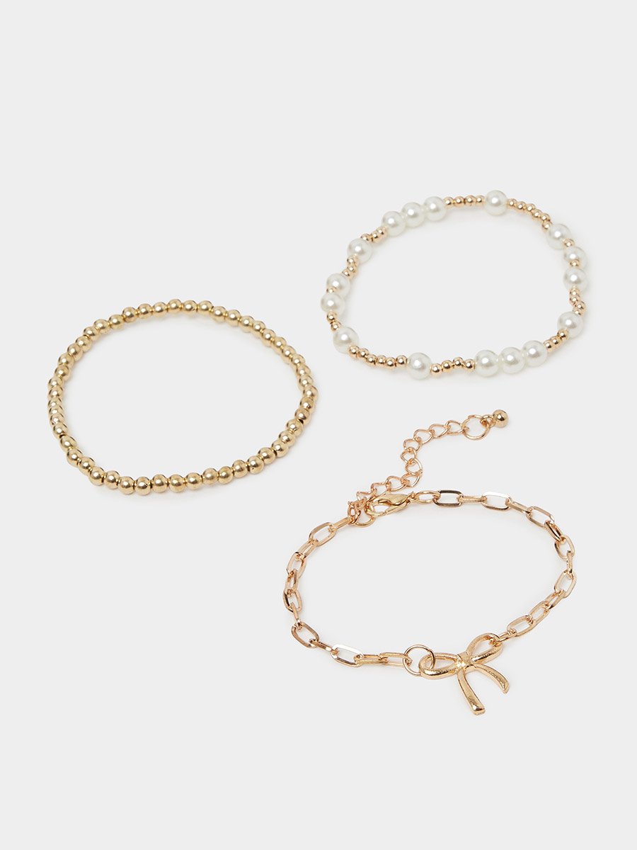 Set of 3 - Gold Beaded and Pearl Bracelets
