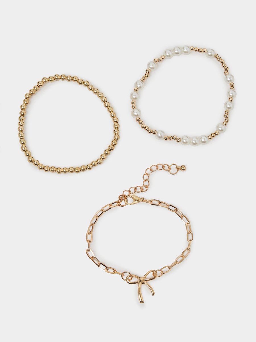 Set of 3 - Gold Beaded and Pearl Bracelets