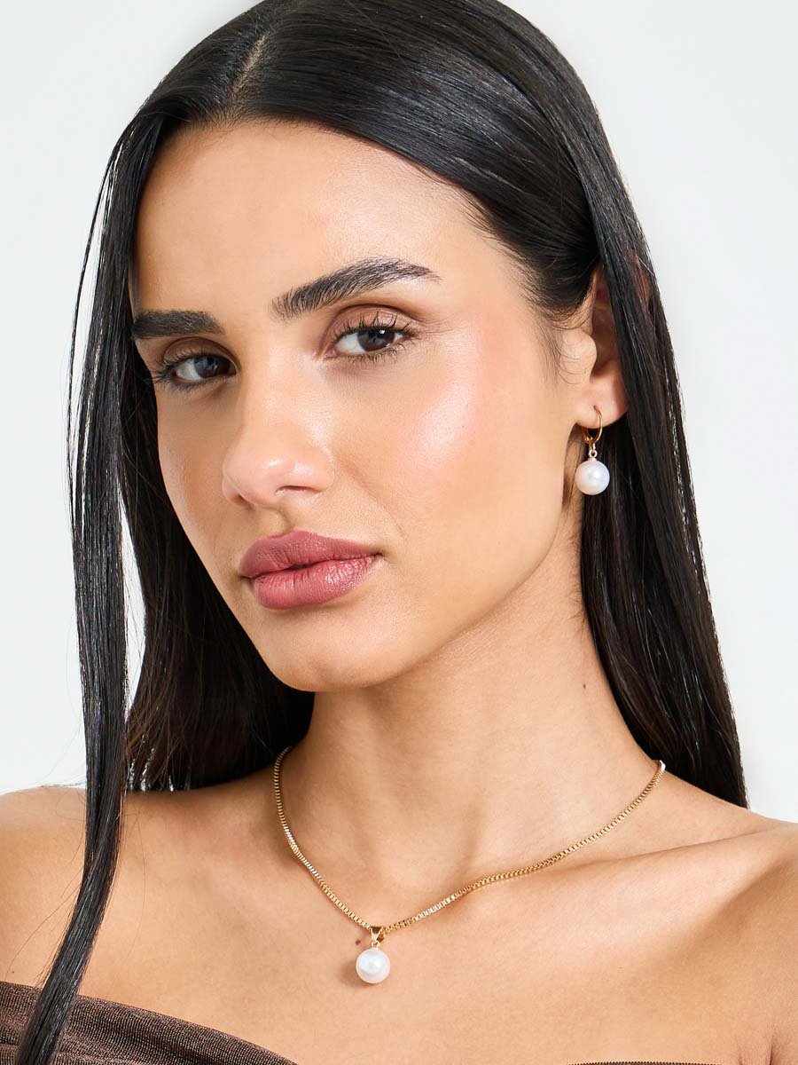 Gold Tone Pearls Embellished Pendant Necklace and Hoop Earrings Set