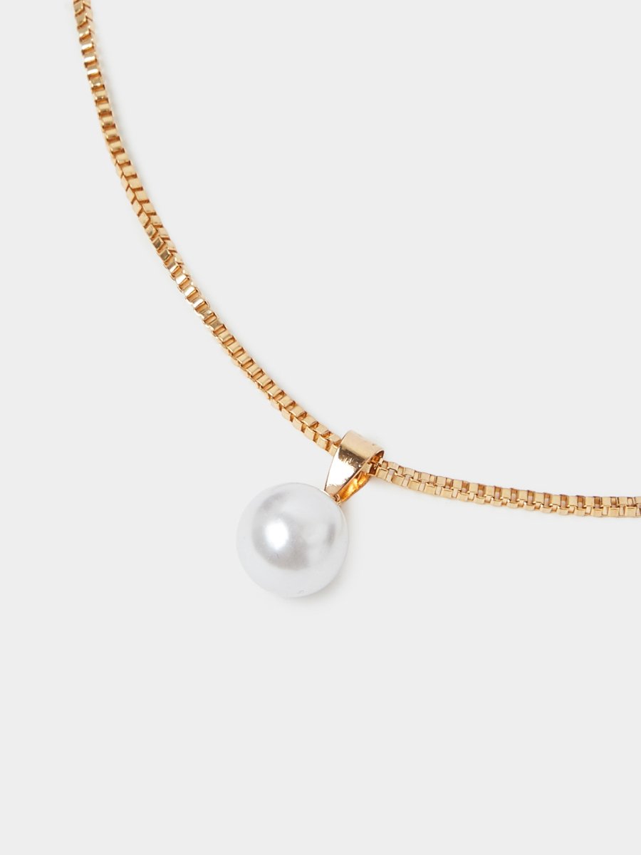 Gold Tone Pearls Embellished Pendant Necklace and Hoop Earrings Set