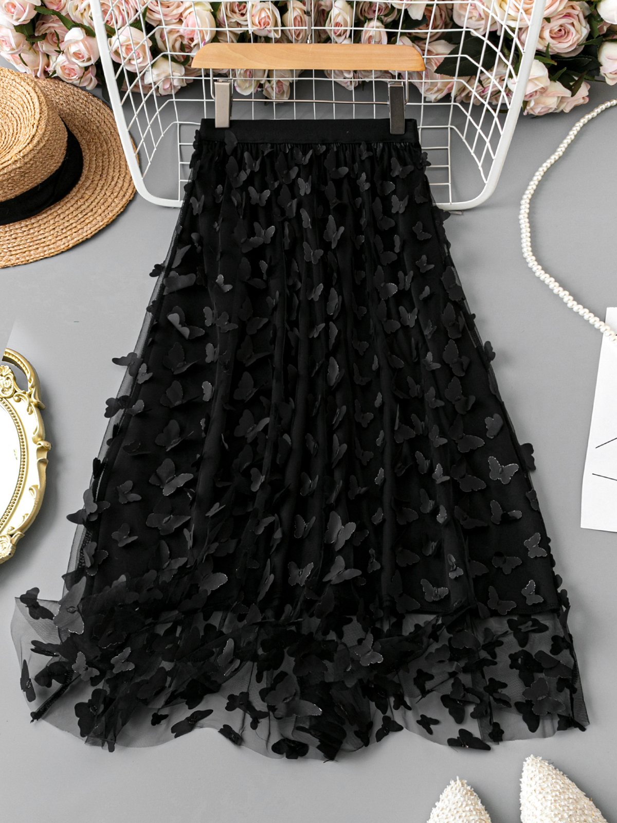 Black Butterfly A-Line Midi Skirt