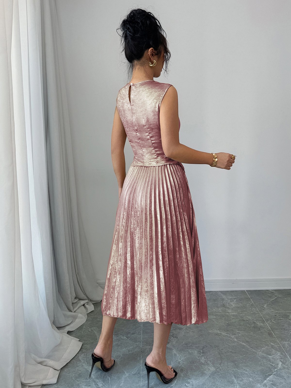 Pink Shimmer Blouse and Pleated Midi Skirt Set