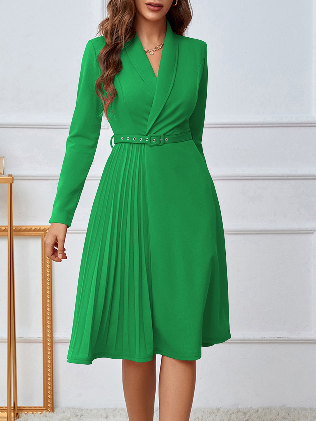 Green A-Line Belted Pleated Midi Dress with Shawl Collar