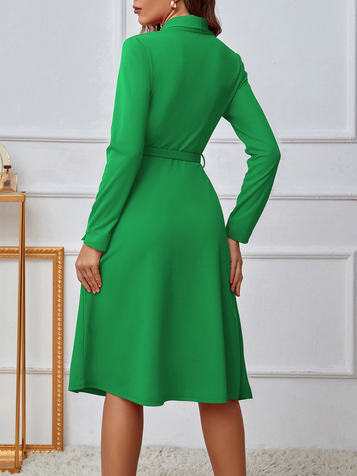 Green A-Line Belted Pleated Midi Dress with Shawl Collar