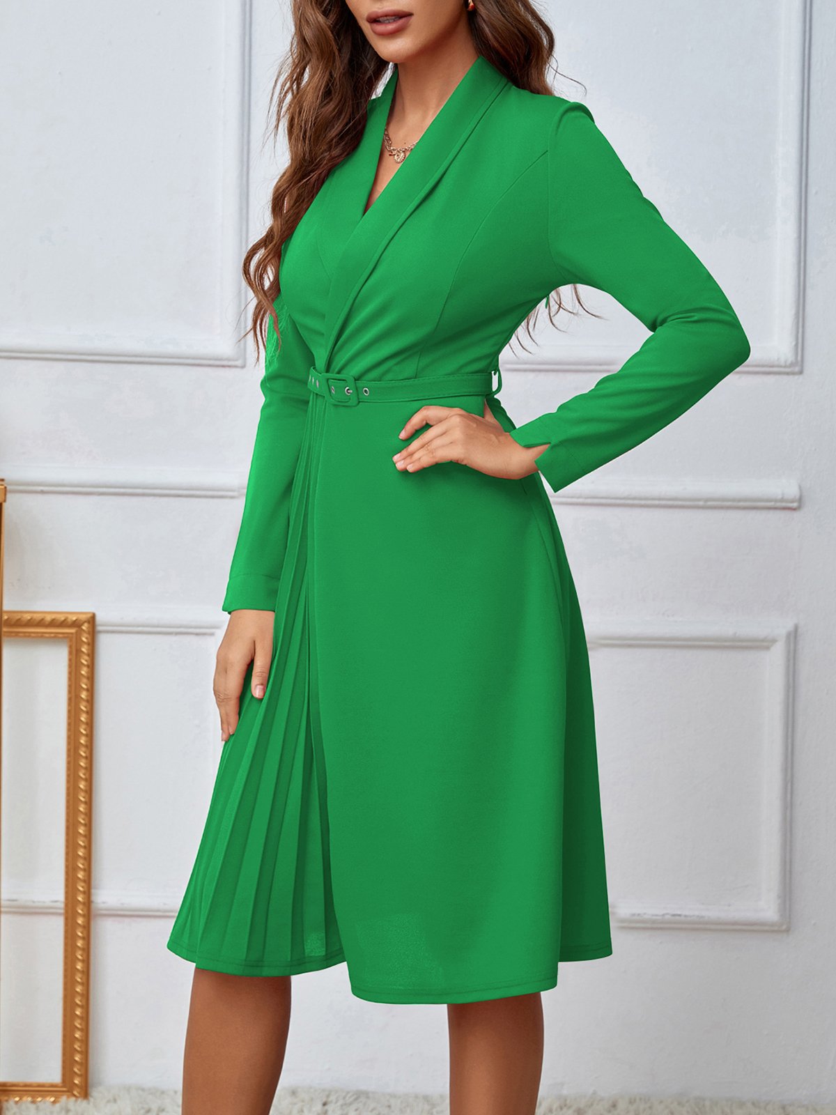 Green A-Line Belted Pleated Midi Dress with Shawl Collar