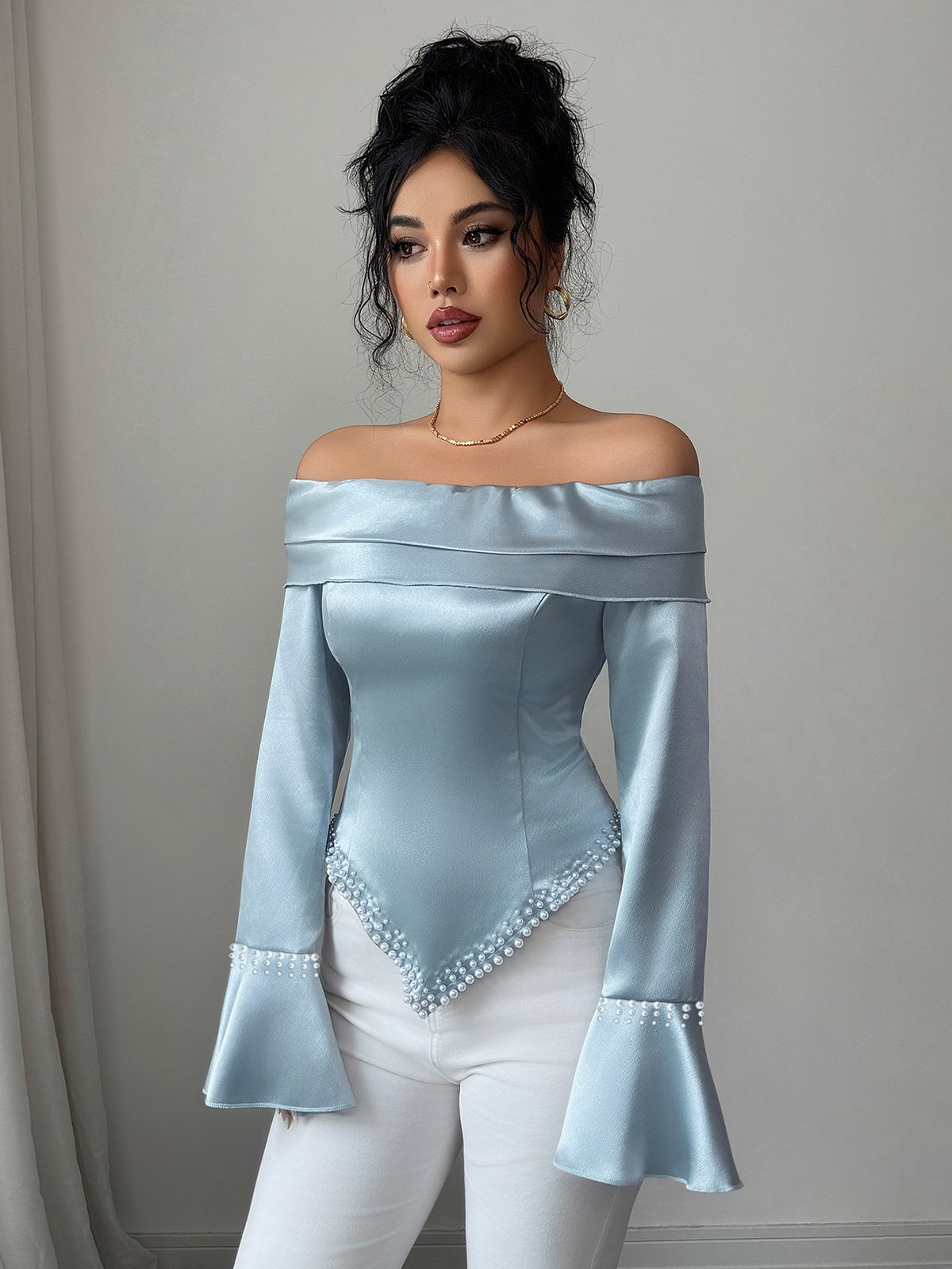 Light Blue Satin Off-Shoulder Blouse with Pearl Embellishments