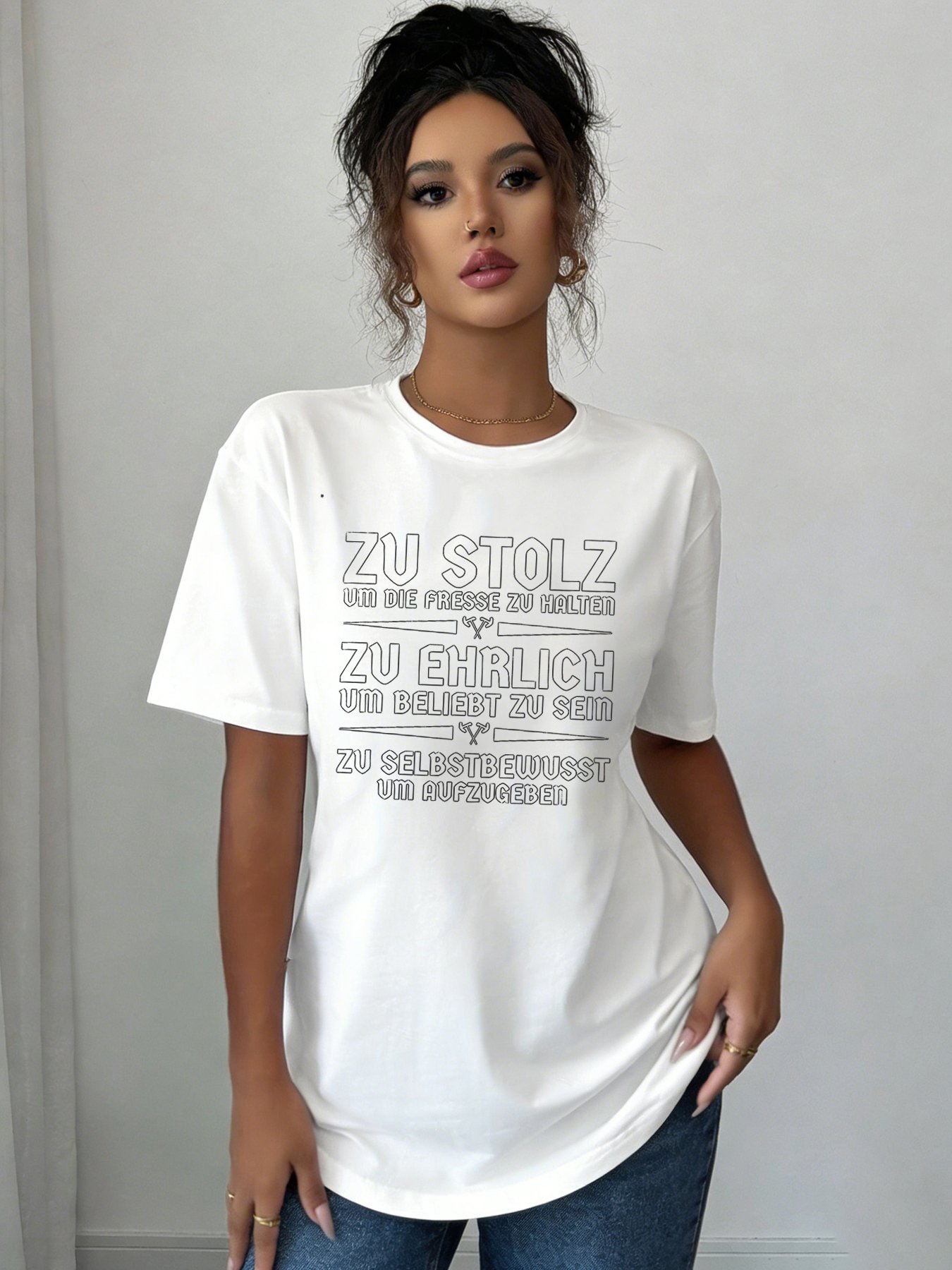 White Text Print Round Neck T-Shirt