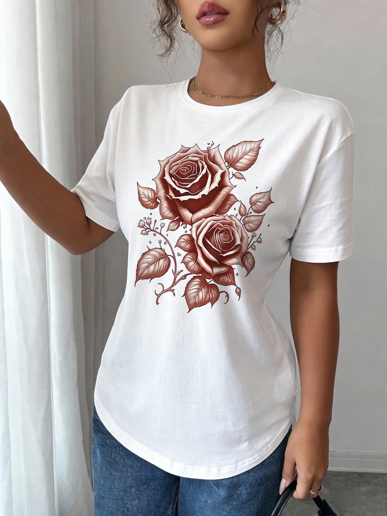 White Floral Graphic Round Neck T-Shirt