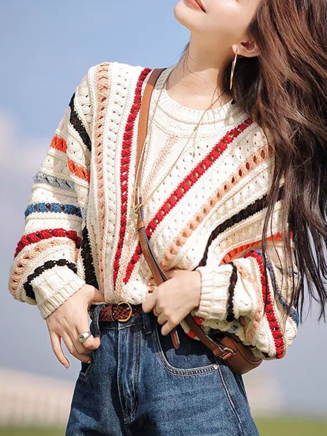 Multi-Color Striped Knit Long Sleeve Sweater