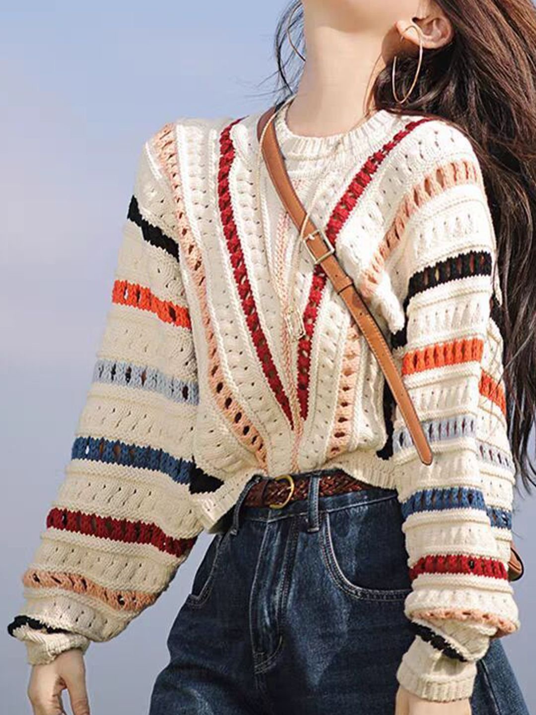 Multi-Color Striped Knit Long Sleeve Sweater