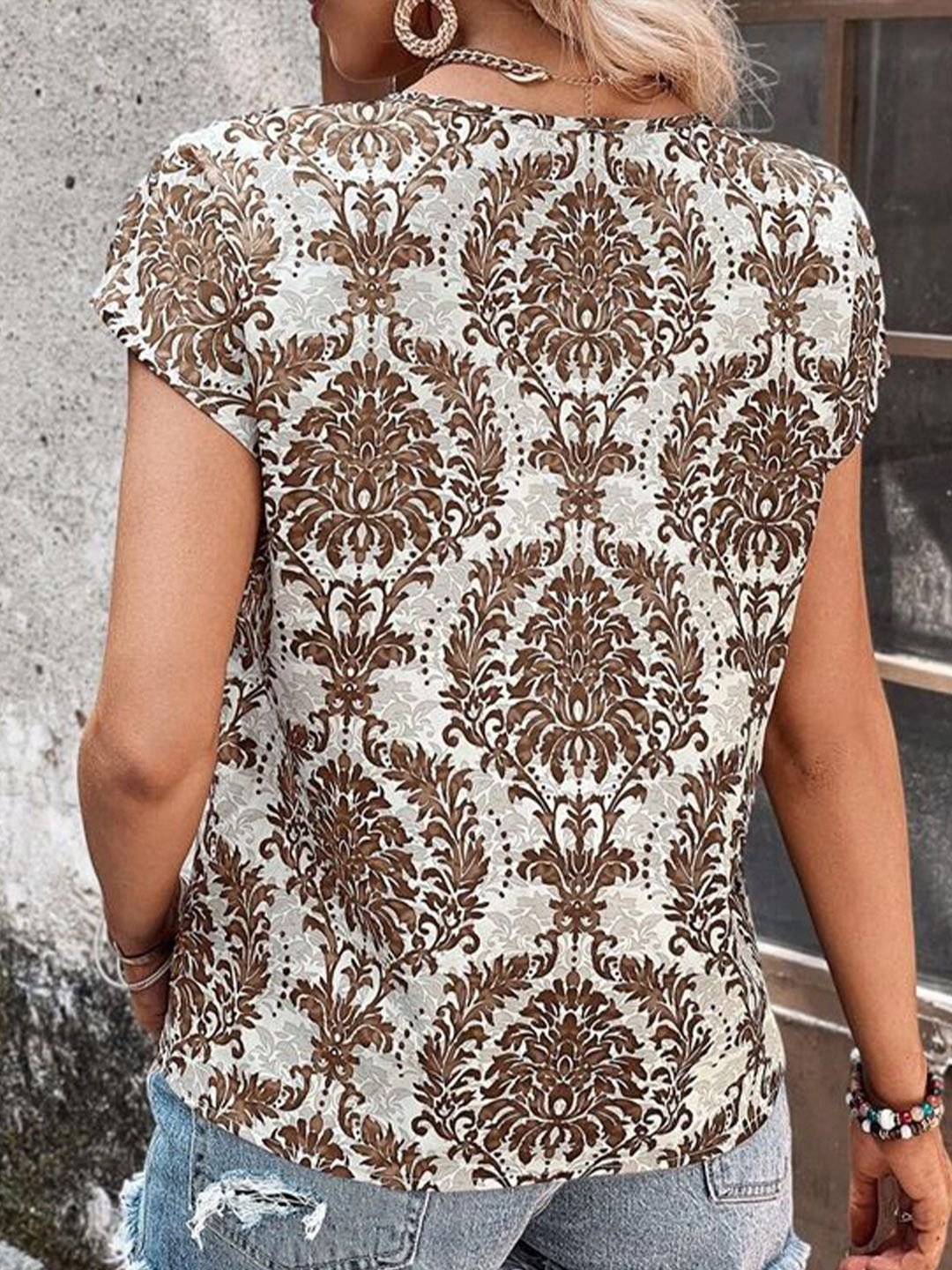 Brown Tropical Print Short Sleeve Top