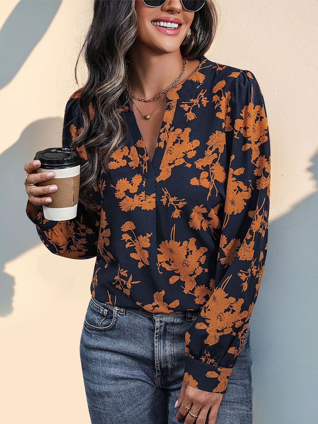 Navy Blue Floral Printed Top