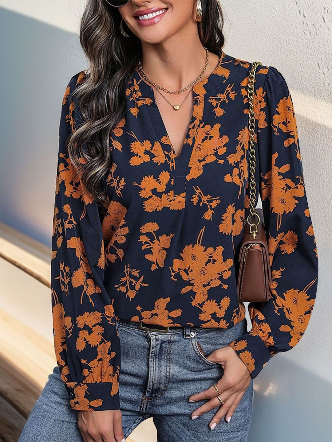 Navy Blue Floral Printed Top