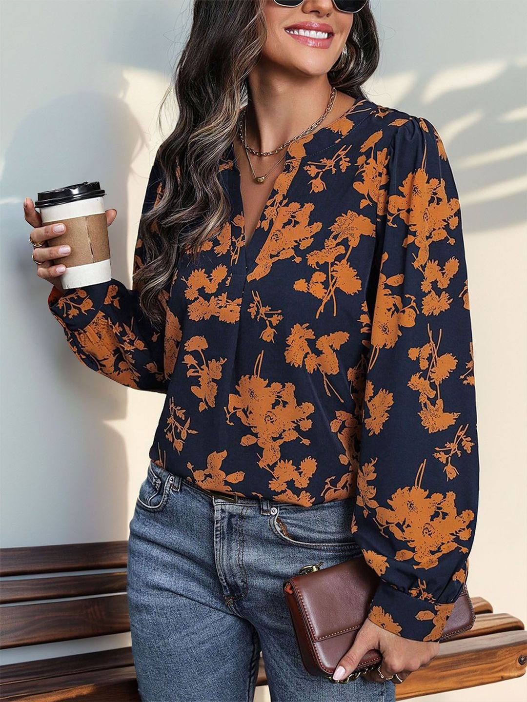 Navy Blue Floral Printed Top