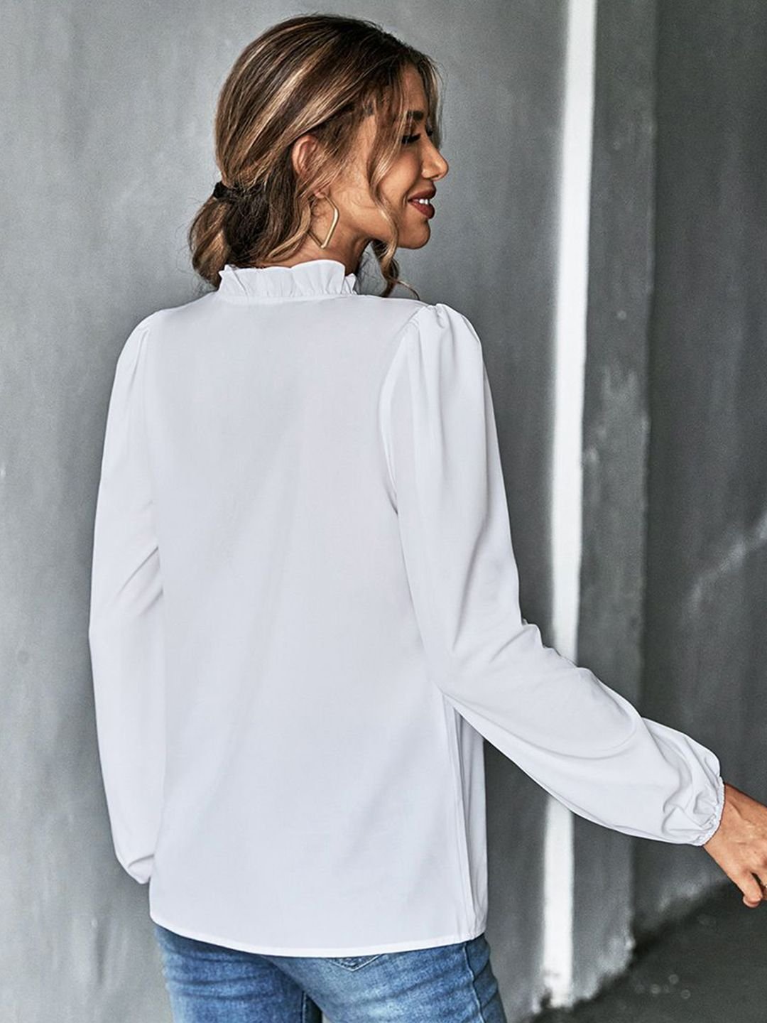 White Ruffled V-Neck Solid Top