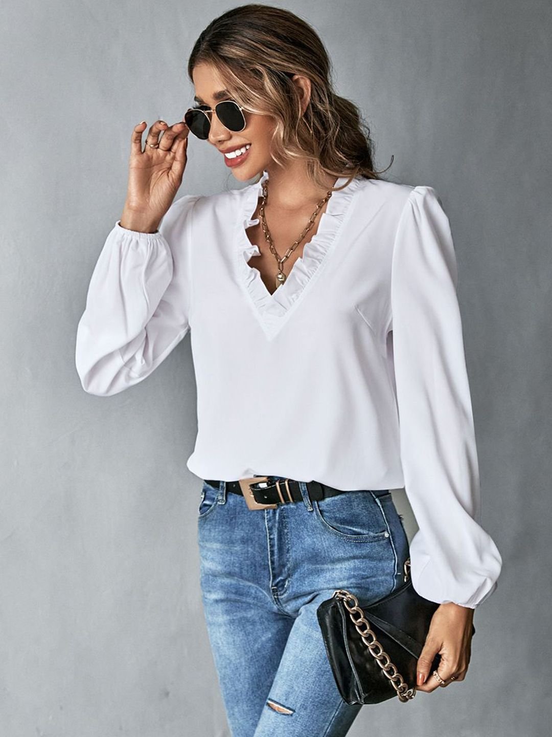 White Ruffled V-Neck Solid Top