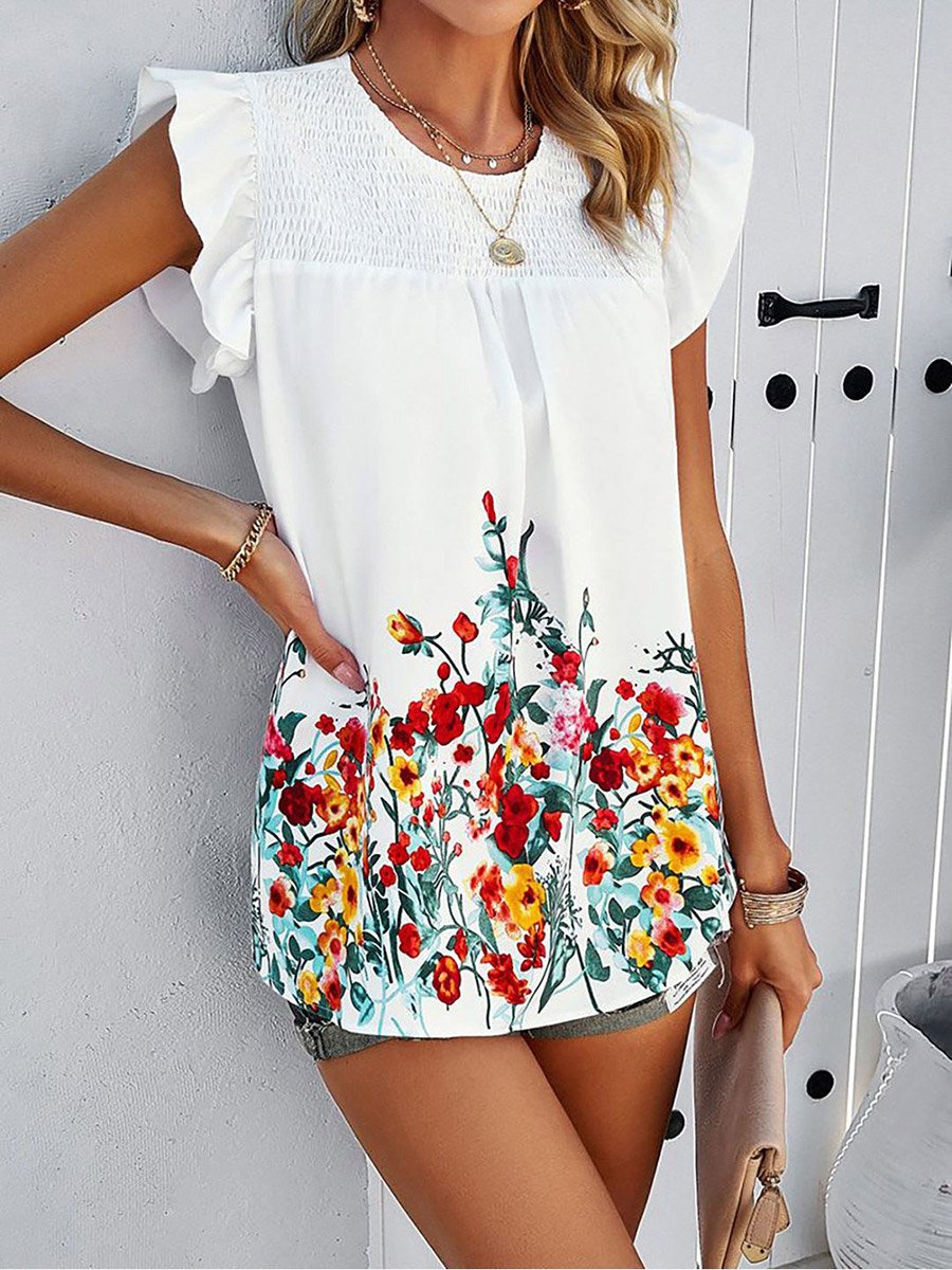 White Floral Print Smocked Yoke Top