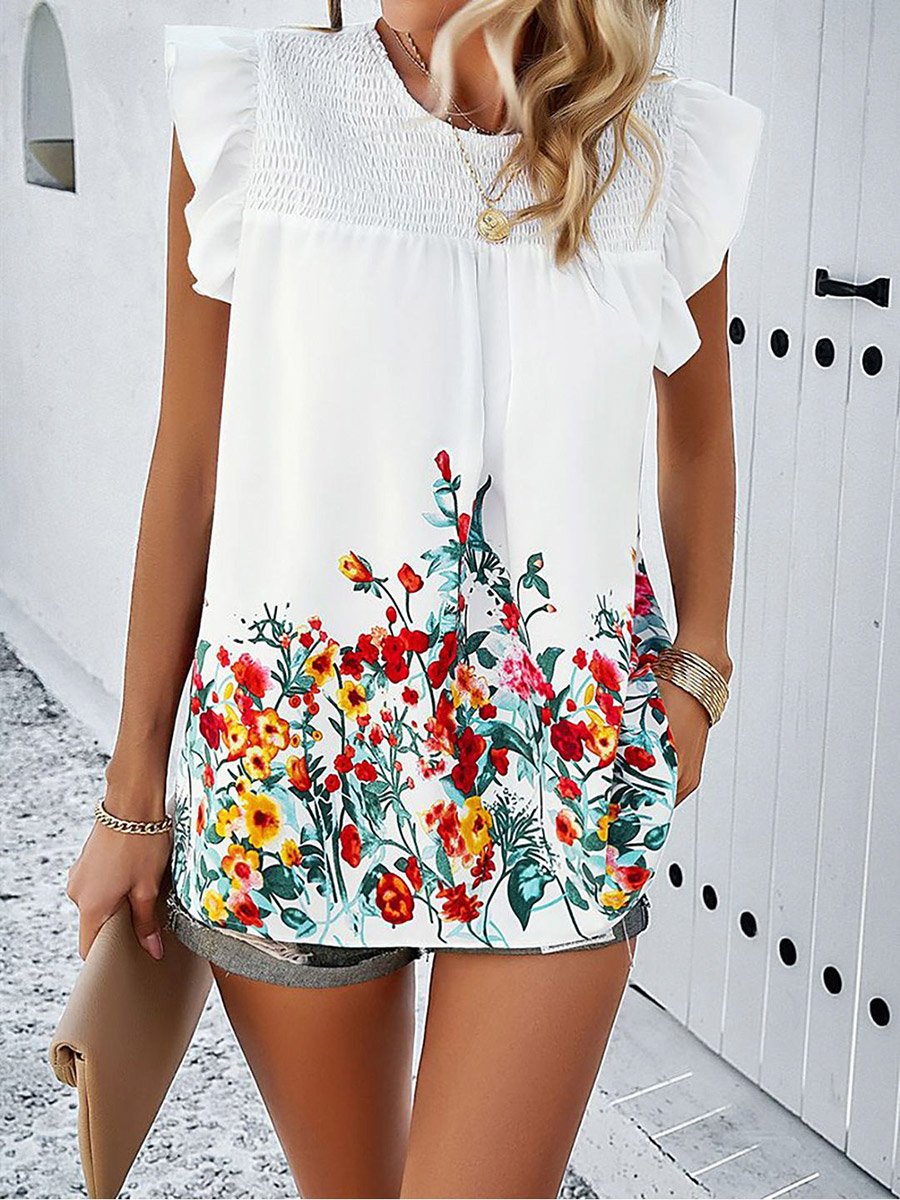 White Floral Print Smocked Yoke Top