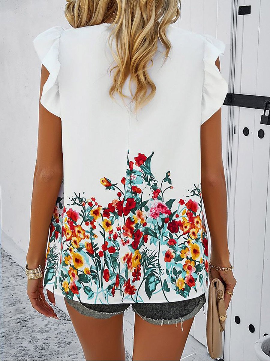 White Floral Print Smocked Yoke Top