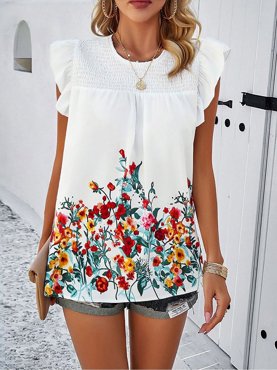 White Floral Print Smocked Yoke Top