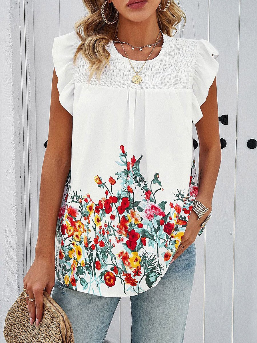 White Floral Print Smocked Yoke Top
