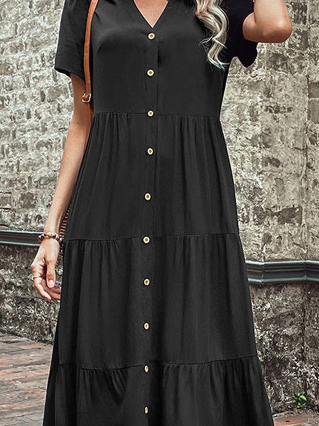  Black A-Line Midi Dress with Short Sleeves and Buttons