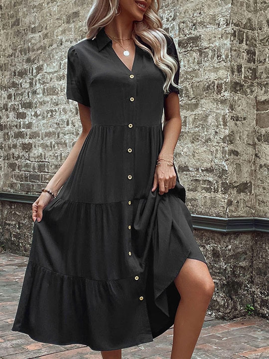  Black A-Line Midi Dress with Short Sleeves and Buttons