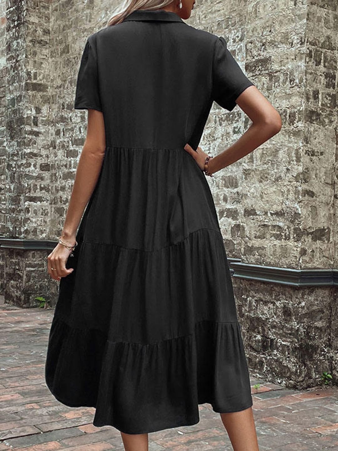  Black A-Line Midi Dress with Short Sleeves and Buttons