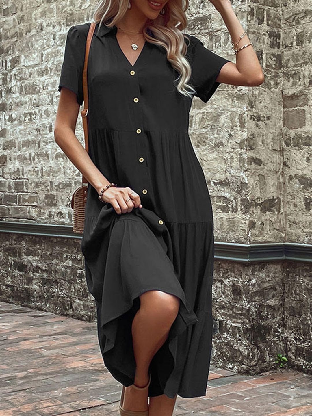  Black A-Line Midi Dress with Short Sleeves and Buttons