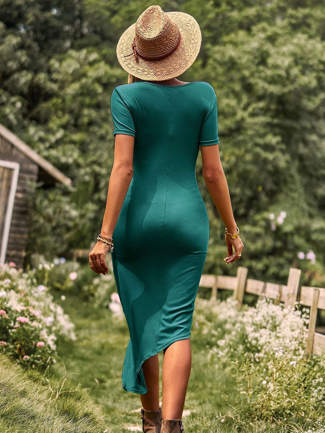 Emerald Green Twist Front Midi Dress with Short Sleeves