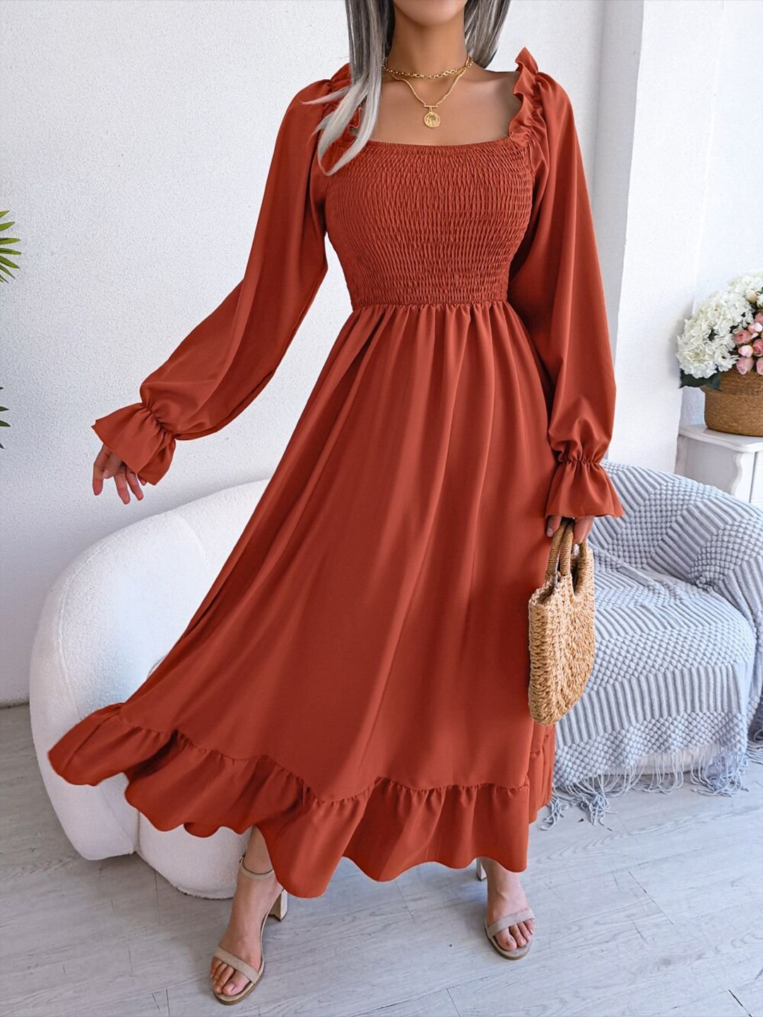 Brown Solid Smocked Maxi Dress