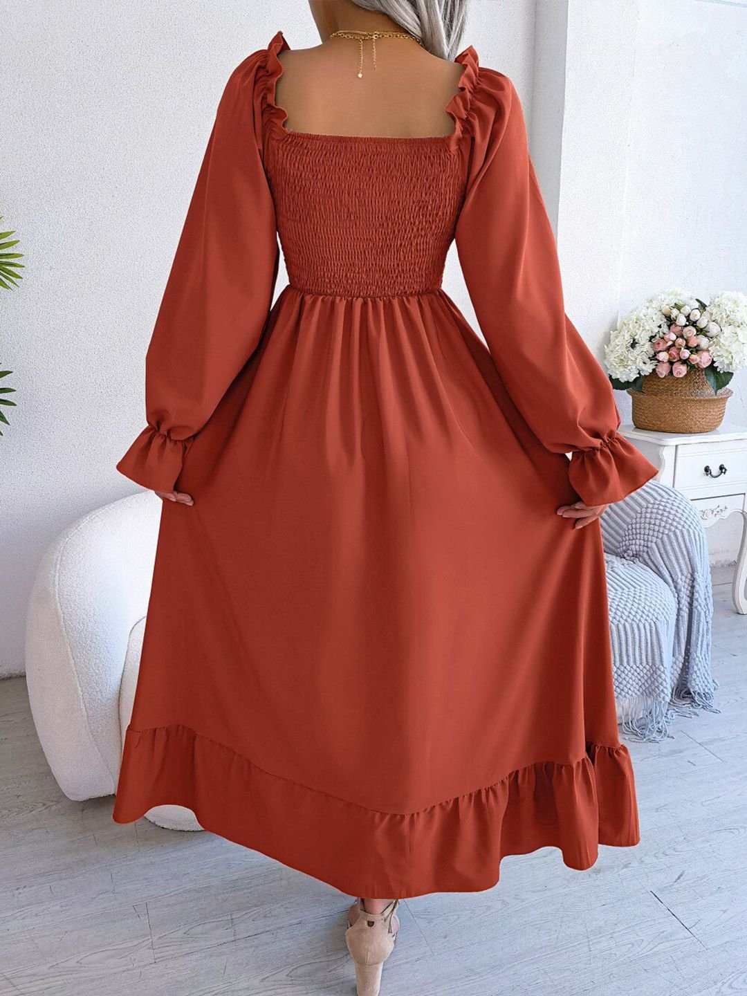Brown Solid Smocked Maxi Dress