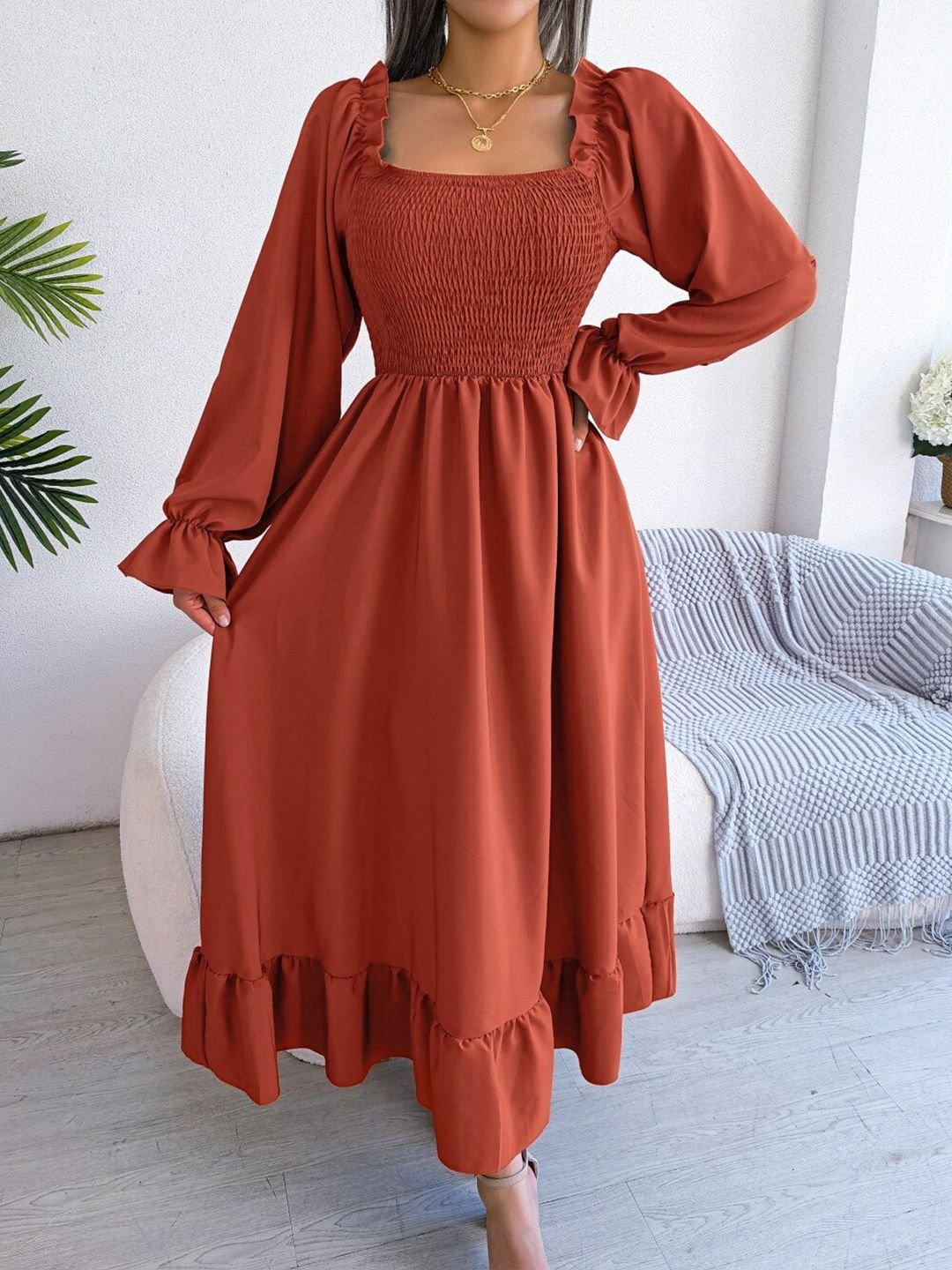 Brown Solid Smocked Maxi Dress