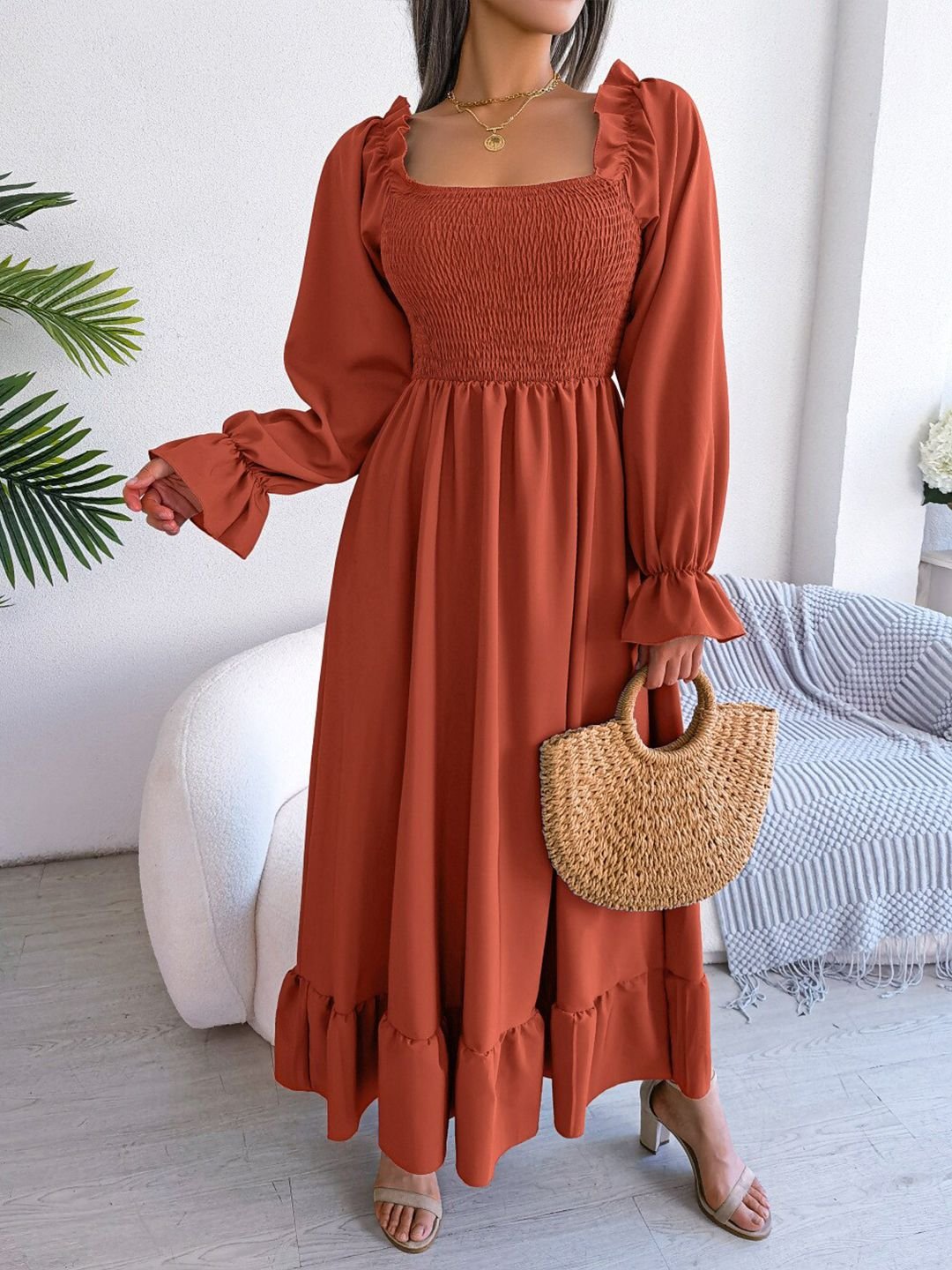 Brown Solid Smocked Maxi Dress