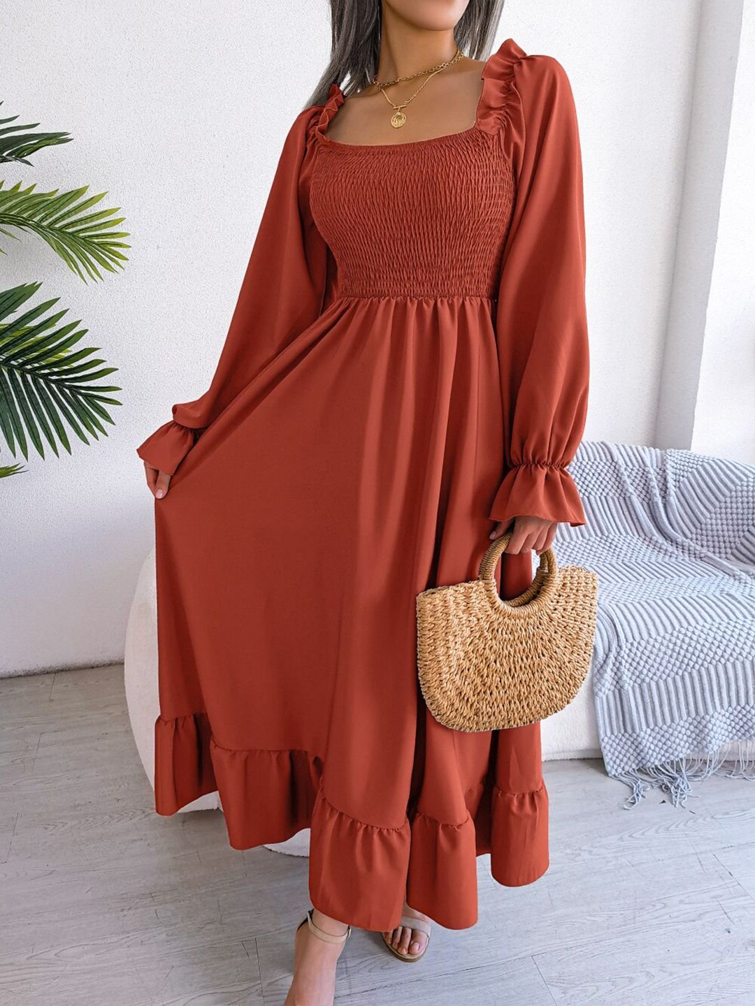 Brown Solid Smocked Maxi Dress