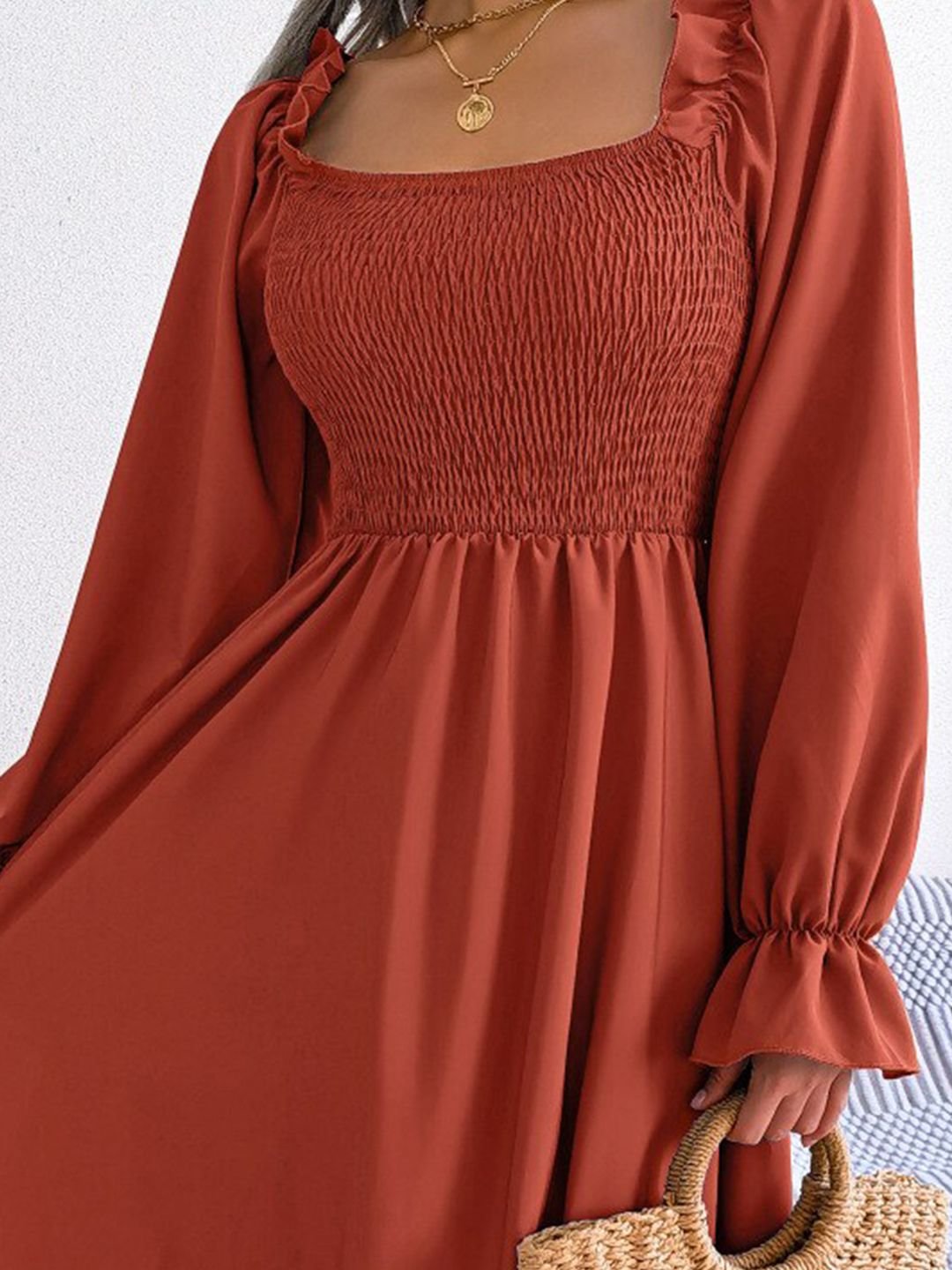 Brown Solid Smocked Maxi Dress